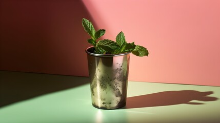  A refreshing whiskey Mint Julep cocktail in silver cup on a pink pastel modern background, bright sunlight, shadows, abstract, banner. Summer cocktail, AI generated.