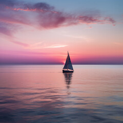 lonely sail in the sea at pink sunset, generative ai