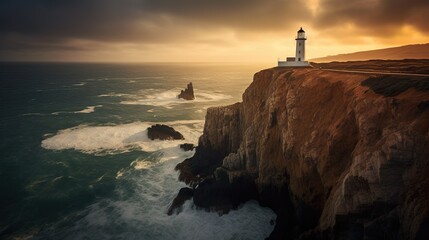 Einsamer Leuchturm auf den Klippen,, starker Wellengang, raue Küste, generative AI