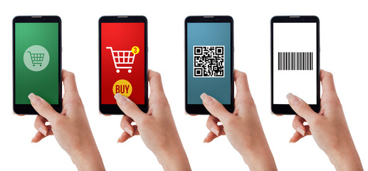Set of female hands using shopping apps, barcode and qr code scanner on the smartphone, technology and retail concept