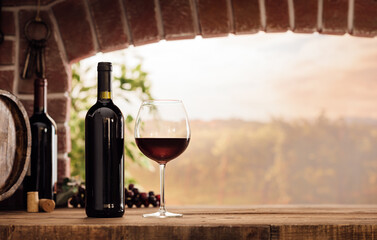 Red wine tasting in the wine cellar: wineglass and bottles next to the window and panoramic view of...
