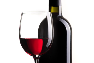 Excellent red wine tasting: wine bottle and wineglass on white background, close up