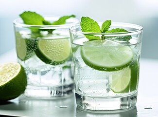 Organic cold refreshing lemonade drink or cocktail made of sparkling water, lime slices and fresh green mint leaves served in tall drinking glass Created with Generative AI technology.