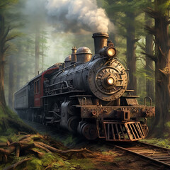 Fototapeta premium old steam locomotive in the forest train art ai gen