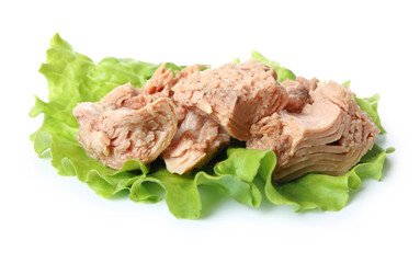 Delicious canned tuna with fresh lettuce isolated on white background