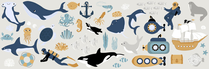 Vector ocean mega set with whale,turtle,jellyfish,shark,crab,octopus,diver,penguin,squid,dolphin,walrus,ship.Underwater animals.Illustration for fabric,childrens clothing,book,postcard,wrapping paper