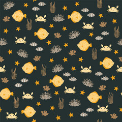 Vector seamless pattern with flounder, crab, seaweed, starfish, clownfish.Underwater cartoon creatures.Marine background.Cute ocean pattern for fabric, childrens clothing,textiles,wrapping paper