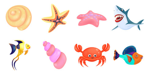 A set of cartoon icons of the underwater world. Tropical fish, shark starfish, seashell, crab. 3d vector plasticine art objects