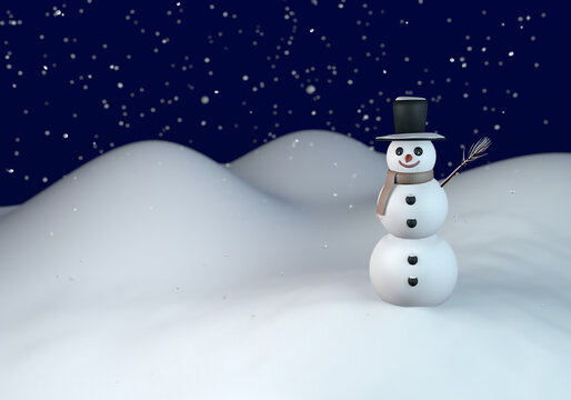 Lanscape with snowman on snowy winter night