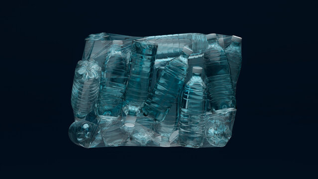 Bunch of plastic water bottles wrapped in a transparent plastic against a blue background, 3d render