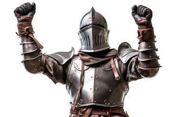 Knight in armor and helmet cheering celebrating isolated - Generative AI - obrazy, fototapety, plakaty