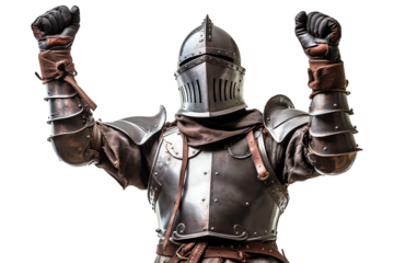 Knight in armor and helmet cheering celebrating isolated - Generative AI