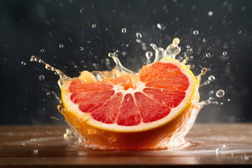 Half slice of grapefruit surrounded by splashes of water isolated on black studio background. Juicy grapefruit in cut. Splashes of water in motion. Generative AI professional photo imitation.