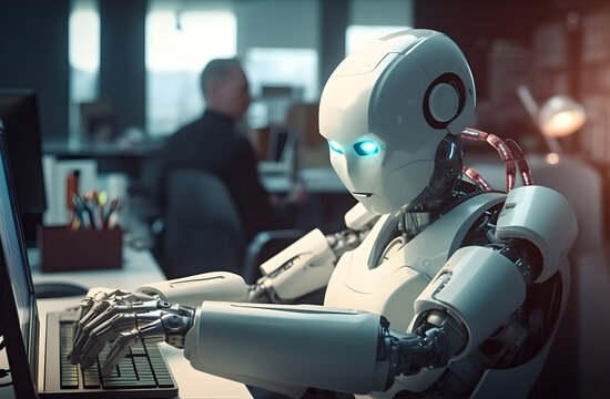 Robot working at computer among people. Maschine typing on keyboard in office. IT team of future. Futuristic worker. Humanoid work at call center. Support job. Selling concept. Generative AI