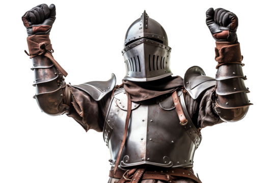 Knight in armor and helmet cheering celebrating isolated - Generative AI