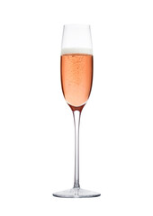 Rose pink champagne glass with bubbles isolated on white background