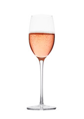 Rose pink champagne glass with bubbles isolated on white background