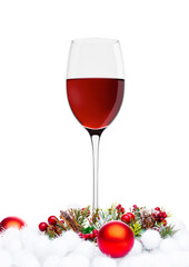 Red wine glasses with christmas decoration on white background