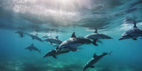 flock of dolphins in the sea near the surface swimming and hunting