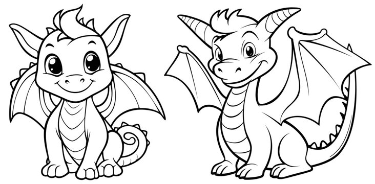 Cute baby dragon, simple thick lines kids or preschool children cartoon coloring book pages. Vectorized clean drawing illustration. Generative AI