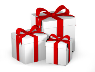 3D white Gift Box with red ribbon and bow for Christmas, New Year, Valentines Day, Birthday Celebration, Party and Anniversary. 3d render Illustration isolated on white background
