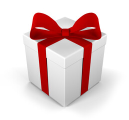 Gift box as a present with red ribbon bow isolated on white background. 3D render illustration.