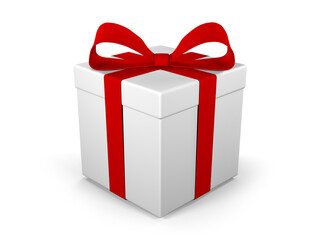 Gift box as a present with red ribbon bow isolated on white background. 3D render illustration.