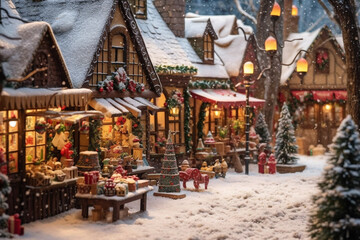Little store houses on city market in Christmas