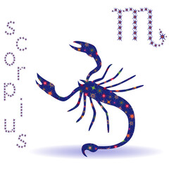 Zodiac sign Scorpius, hand drawn stencil with stylized stars isolated on the white background