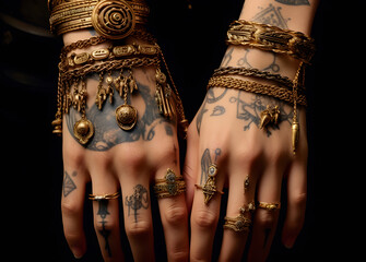 Tattoo hands of young woman wearing gold rings and barcelers - AI generated
