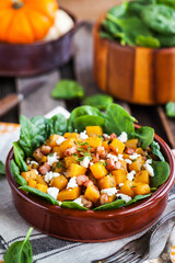Delicious butternut squash, bacon, spinach and feta cheese warm salad