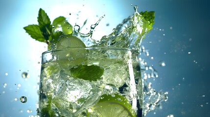 Close-up of splash of Mojito cocktail on a modern background with hard shadows, sunlight, summer concept. Generative Ai content