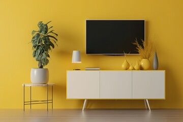 TV on a stand against a vibrant yellow background. Generative AI