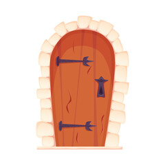 Wooden castle door cartoon vector. Old medieval entrance with stones and iron. The door of the castle in the dungeon or prison for games. Cartoon vector illustration
