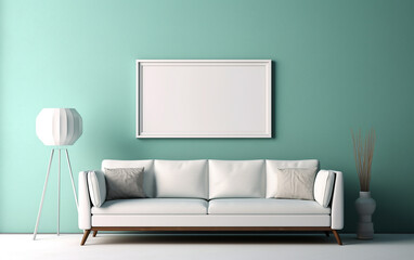 photo frame. A white picture frame adorned the wall above the sofa.   Generative AI