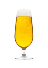 Cold glass of lager beer with foam and bubbles isolated on white background