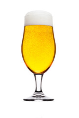 Cold glass of lager beer with foam and bubbles isolated on white background