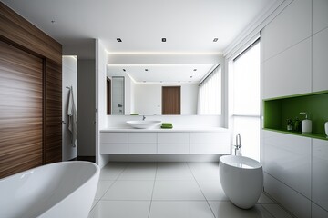 Naklejka na ściany i meble spacious bathroom with a luxurious bathtub and stylish sink. Generative AI