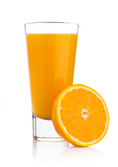 Glass of fresh orange juice with fruit bits on white background