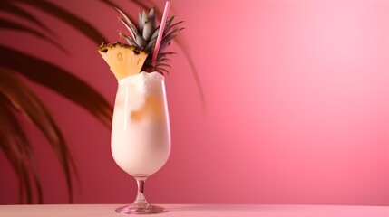  Glass with tasty Pina Colada cocktail on a pink modern background, with copy space, sunlight, tropical shadows, AI generated. - obrazy, fototapety, plakaty