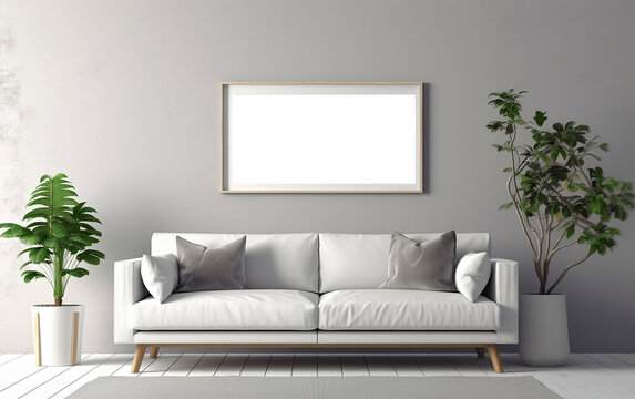 photo frame. frame on the wall.,Above the sofa, there was a white picture frame.   Generative AI
