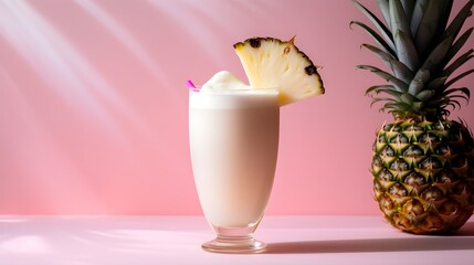  Glass with tasty Pina Colada cocktail on a pink modern background, with copy space, sunlight, tropical shadows, AI generated.