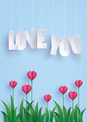 Greeting card of love and Valentine's Day. Heart shape flowers on the grass ,paper art craft style.