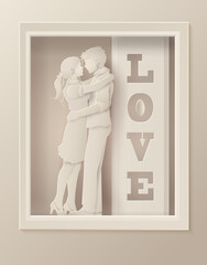 Illustration of love and happy valentine day,Couple Inside the frame with message,paper art and craft style.