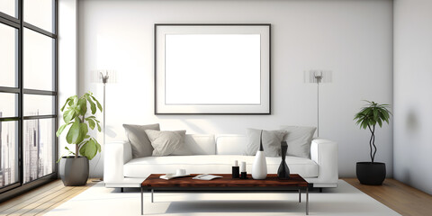 Modern White Living Room with Blank Wall Mockup