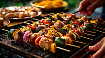 some food being served on a grilling pan with people in the background and one person taking a piece of meat