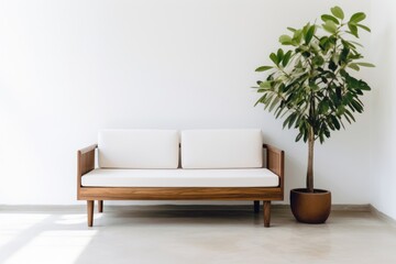 minimalist living room featuring a white couch and a potted plant