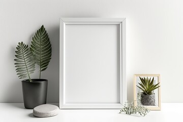 minimalist white frame accompanied by a vibrant potted plant. Generative AI