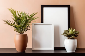 Scandinavian room interior with mock up photo frame on the brown bamboo shelf with beautiful plants in differents hipster and design pots. White walls. Modern and floral concept of shelfs.