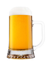 Cold glass of lager beer with foam and dew isolated on white background